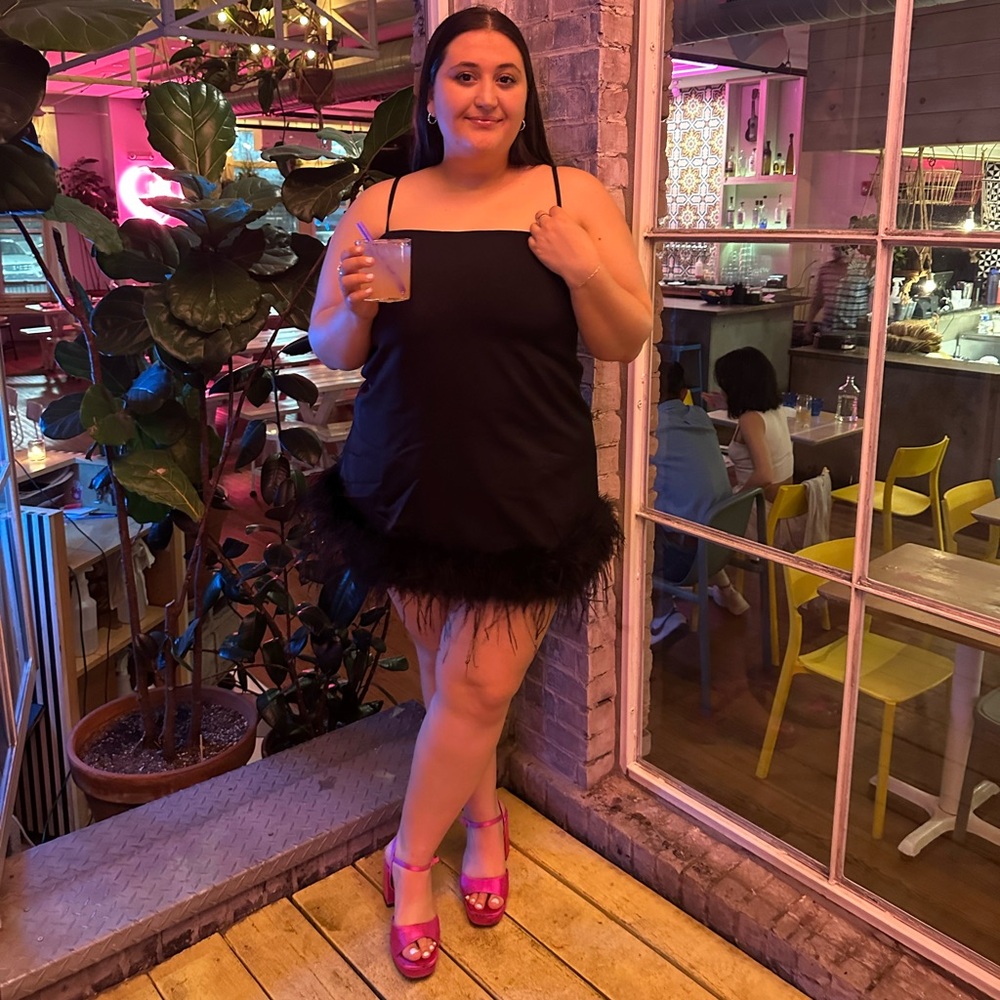 Feather trim mini dress